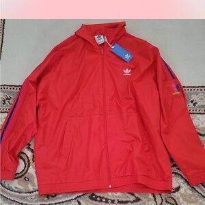 Adidas Windbreaker Vibrant Red Jacket with Multicolor Stripes